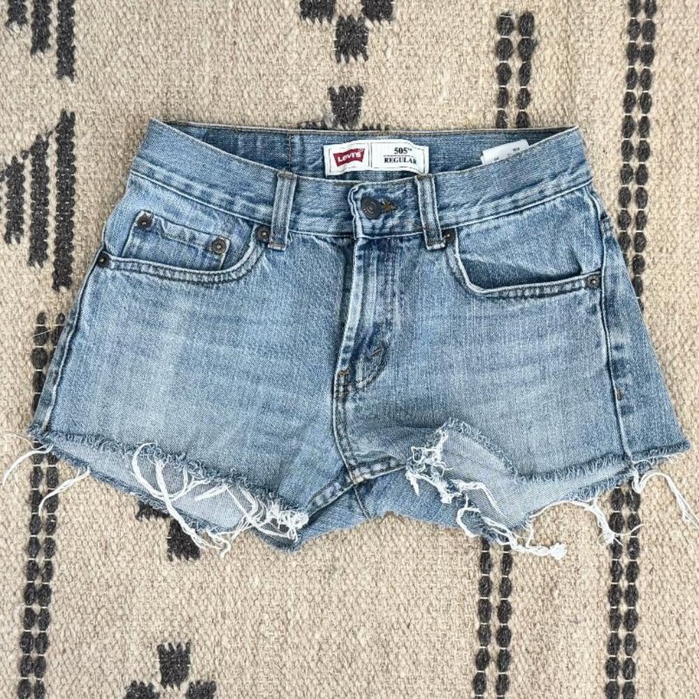 Levi's 505 Blue Distressed Denim Cutoff Jean Shorts, Size 10 Reg or 25 Waist